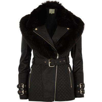 River Island Womens Belted Quilted Biker Collar Coat