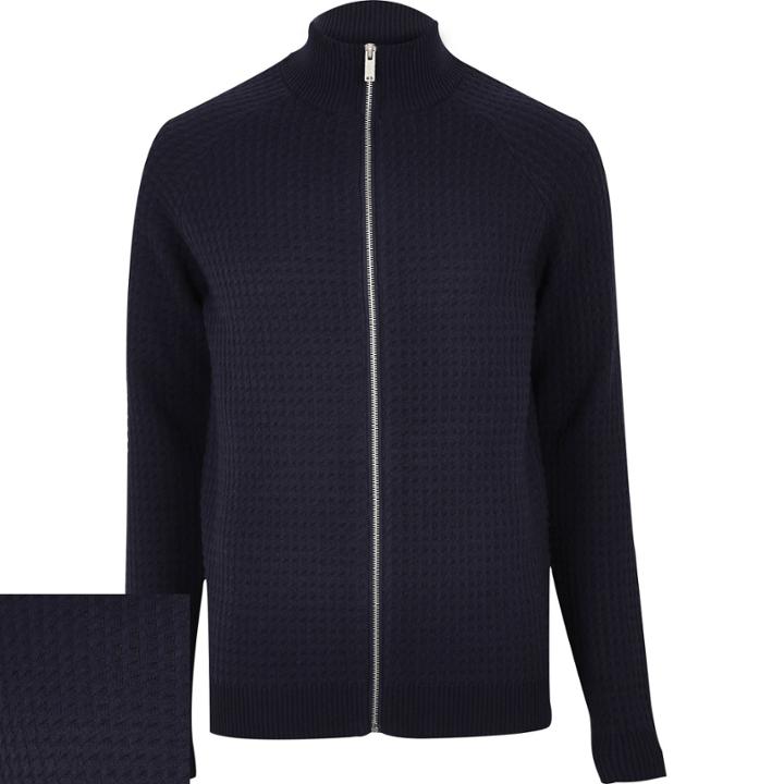 River Island Mensnavy Textured Zip-up Jumper