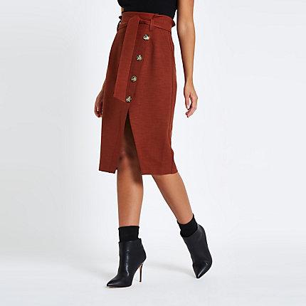 River Island Womens Rust Paperbag Button Front Pencil Skirt