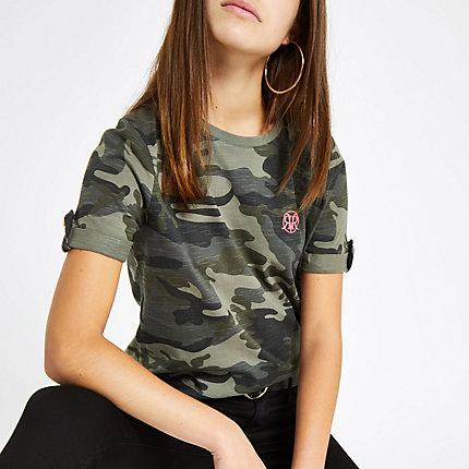 River Island Womens Petite Camo Print Rolled Sleeve T-shirt