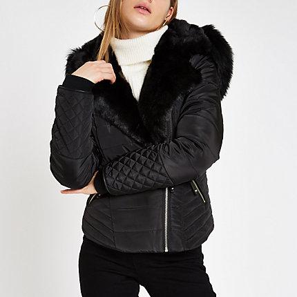 River Island Womens Faux Fur Trim Padded Biker Jacket