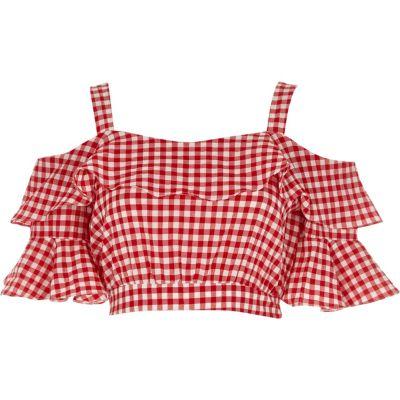 River Island Womens Gingham Frill Sleeve Crop Top