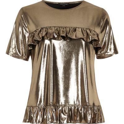River Island Womens Gold Metallic Frill Front T-shirt