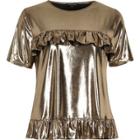 River Island Womens Gold Metallic Frill Front T-shirt