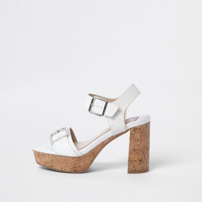 River Island Womens White Double Buckle Strap Cork Heel Sandals