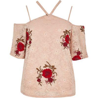 River Island Womens Blush Lace Floral Cold Shoulder Top
