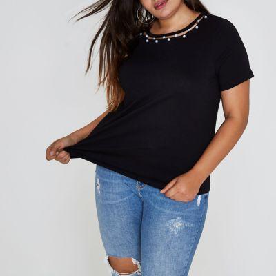 River Island Womens Plus Cut Out Faux Pearl Neck T-shirt