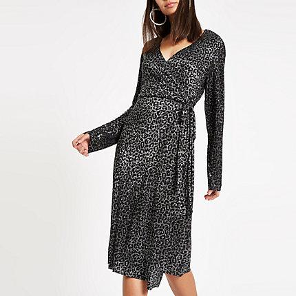 River Island Womens Plisse Metallic Leopard Midi Dress