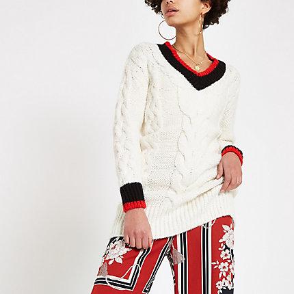 River Island Womens V Neck Cable Knit Sweater Dress