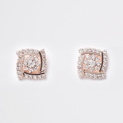 River Island Womens Rose Gold Square Rhinestone Stud Earrings