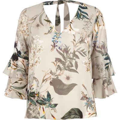 River Island Womens Petite Floral Double Bell Sleeve Top