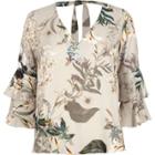 River Island Womens Petite Floral Double Bell Sleeve Top