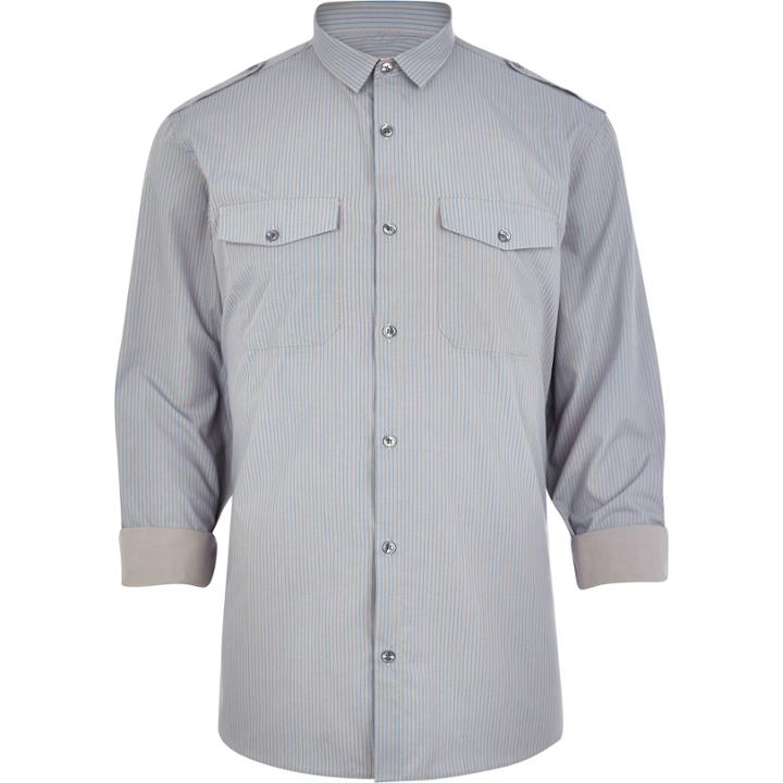 River Island Mensgrey Stripe Military Shirt