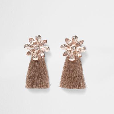 River Island Womens Rose Gold Tone Flower Tassel Earrings