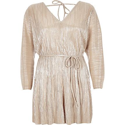 River Island Womens Petite Gold Plisse Batwing Sleeve Playsuit