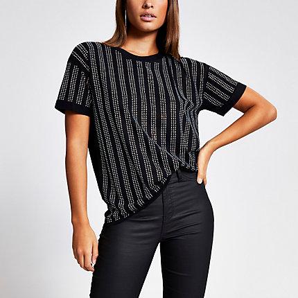 River Island Womens Diamante Stripe Loose Fit T-shirt