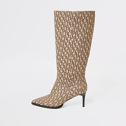 River Island Womens Ri Monogram Knee High Pointed Boots