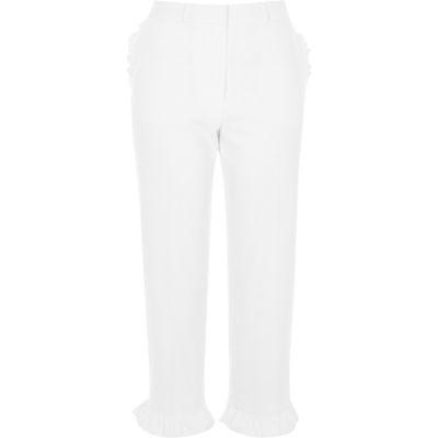 River Island Womens White Frill Hem Cropped Pants