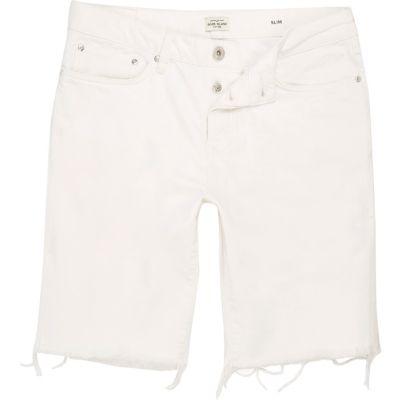 River Island Mens White Slim Fit Frayed Denim Shorts