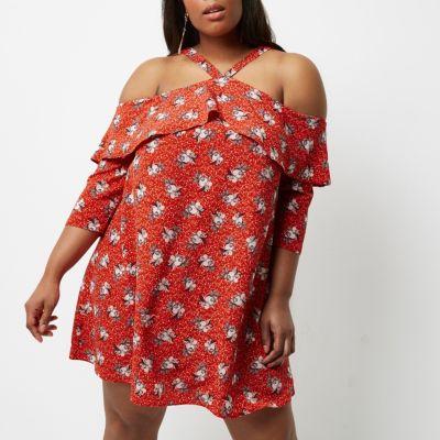 River Island Womens Plus Floral Cold Shoulder Frill Dress