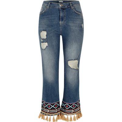River Island Womens Ripped Tassel Hem Straight Leg Jeans