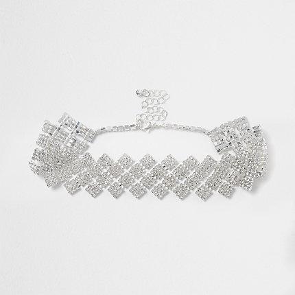 River Island Womens Silver Tone Diamond Rhinestone Choker