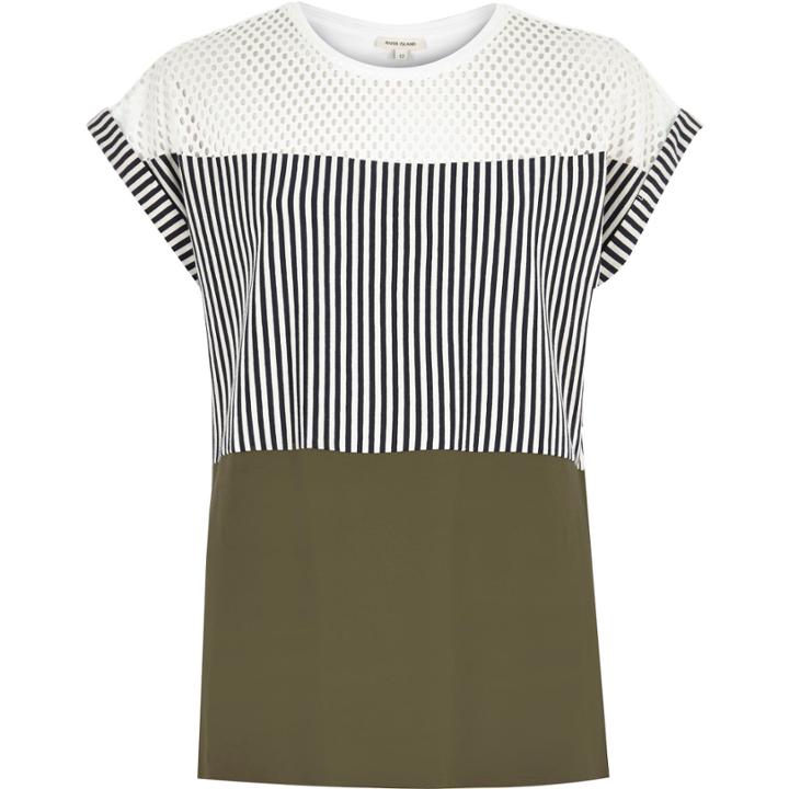 River Island Womens White Stripe Mesh Color Block T-shirt