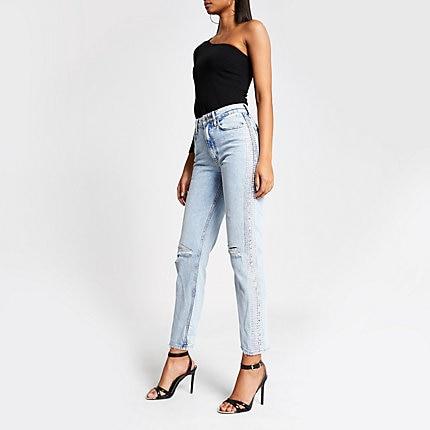 River Island Womens Mom Diamante Side Denim Jeans