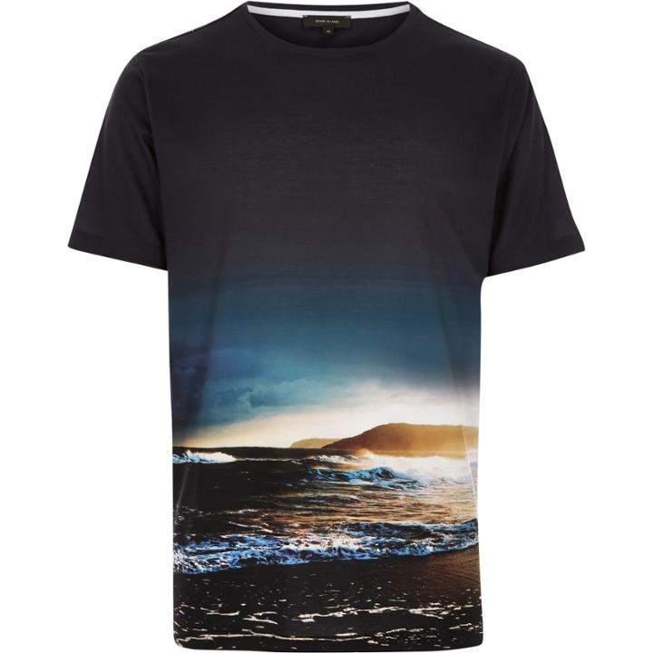River Island Mensblack Waves Print T-shirt