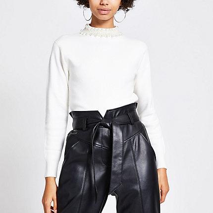 River Island Womens Pearl Embellished Neck Knitted Jumper