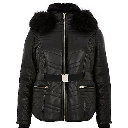 River Island Womens Plus Faux Fur Hood Belted Padded Coat