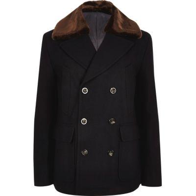 River Island Mensnavy Faux Fur Collar Wool Blend Peacoat