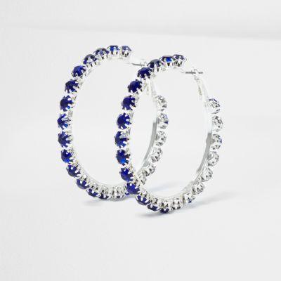 River Island Womens Silver Tone Sapphire Encrusted Hoop Earrings