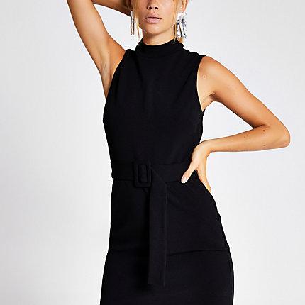 River Island Womens High Neck Belted Midi Bodycon Dress