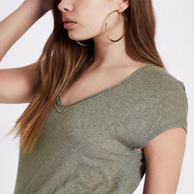 River Island Womens Diamante Trim V Neck T-shirt