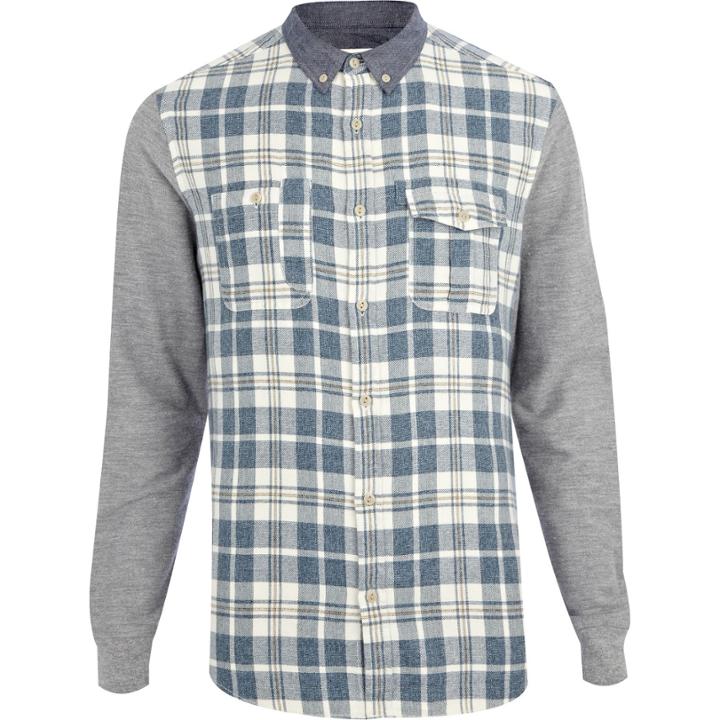 River Island Mensblue Check Contrast Sleeve Shirt