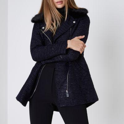 River Island Womens Lurex Faux Fur Collar Coat