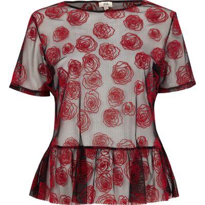 River Island Womens Rose Print Mesh Peplum T-shirt