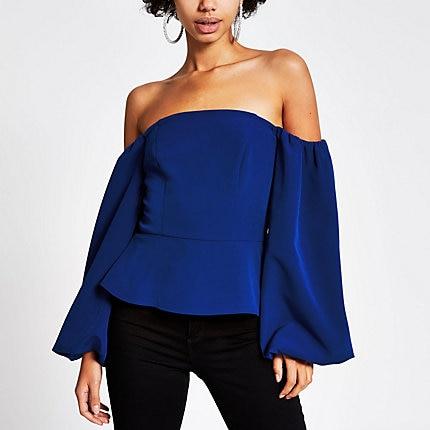 River Island Womens Puff Sleeve Bardot Cropped Top