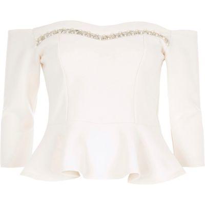River Island Womens White Embellished Bardot Fitted Top