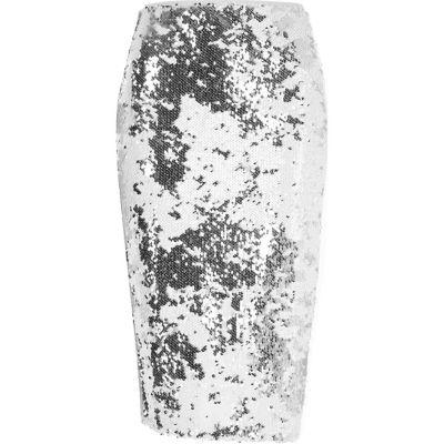 River Island Womens White Sequin Embellished Pencil Skirt