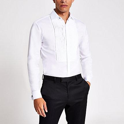River Island Mens White Slim Fit Pleated Long Sleeve Shirt