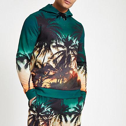 River Island Mens Palm Print Slim Fit Hoodie