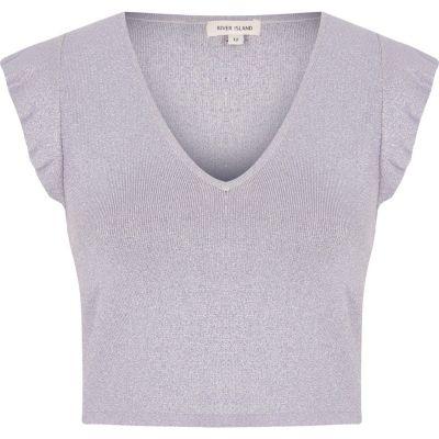 River Island Womens Glitter Frill Shoulder Crop Top