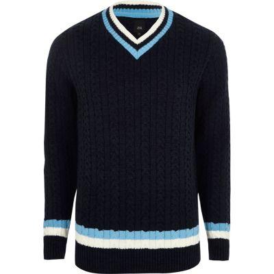 River Island Mens V Neck Slim Fit Cable Knit Sweater