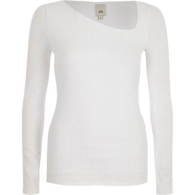 River Island Womens White Ribbed Asymmetric Neck Long Sleeve Top