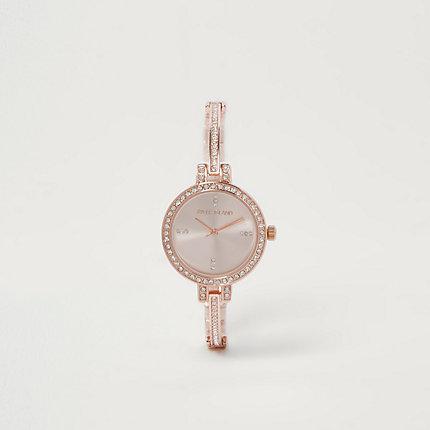 River Island Womens Rose Gold Tone Rhinestone Pave Delicate Watch