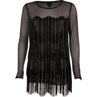River Island Womens Dobby Mesh Fringed Long Sleeve Top