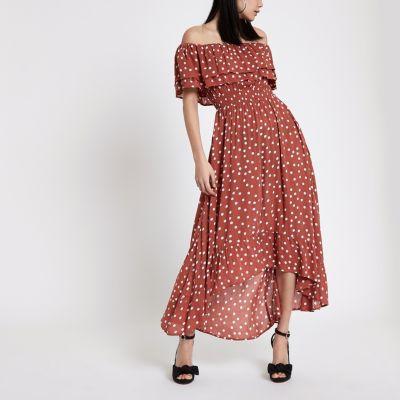 River Island Womens Polka Dot Bardot Maxi Dress
