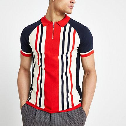 River Island Mens Stripe Zip Muscle Fit Polo Shirt
